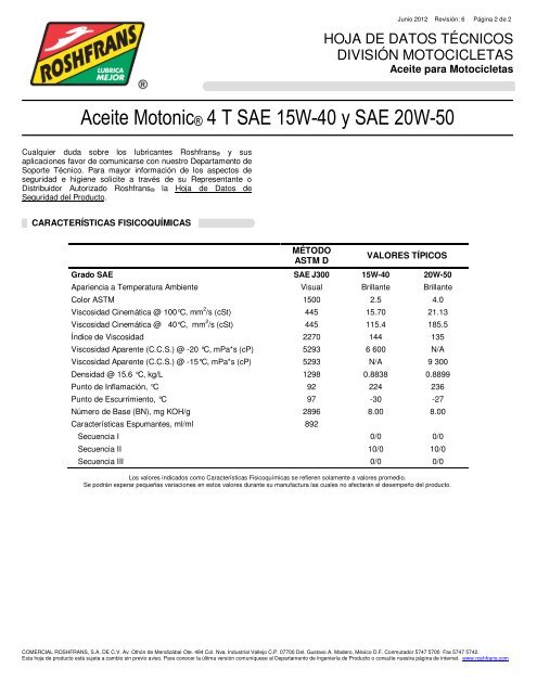 Aceite Motonic® 4 T SAE 15W-40 y SAE 20W-50 - Roshfrans