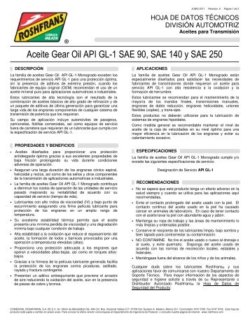 Aceite Gear Oil API GL-1 SAE 90, SAE 140 y SAE 250 - Roshfrans