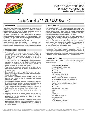 Aceite Gear Max API GL-5 SAE 80W-140 - Roshfrans