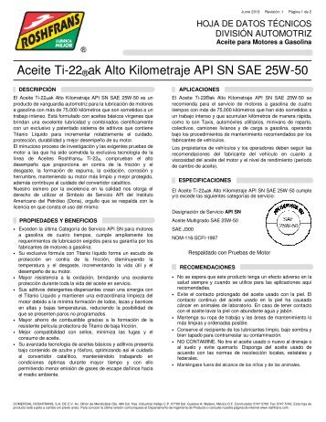 Aceite Ti-22®ak Alto Kilometraje API SN SAE 25W-50 - Roshfrans