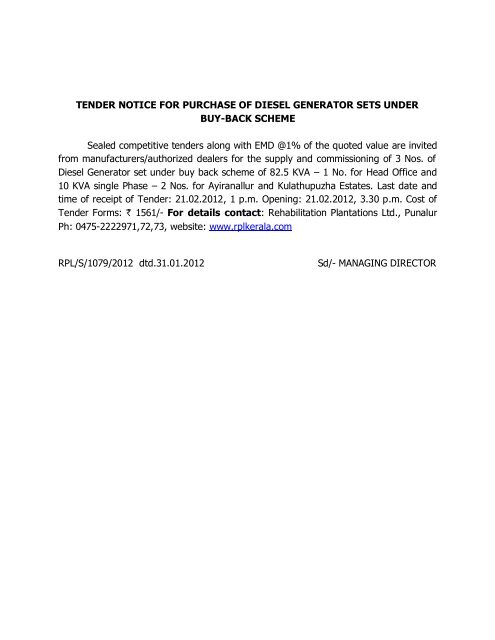 tender notice for purchase of diesel generator sets - RPL