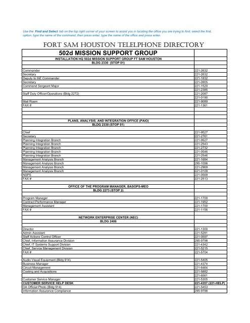 fort sam houston telelphone directory - Fort Sam Houston - U.S. Army