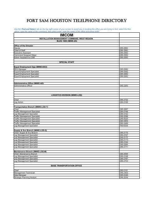 Phonebook - Fort Sam Houston - U.S. Army