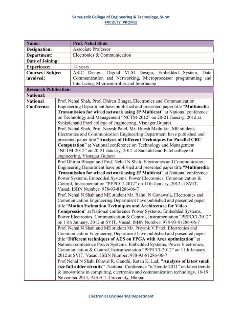 Prof. Nehal Shah - Sarvajanik College of Engineering Technology