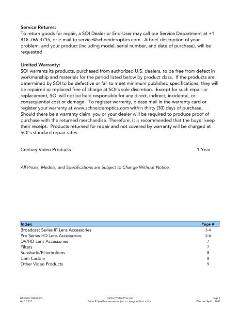 Century Video Price List - Schneider Optics