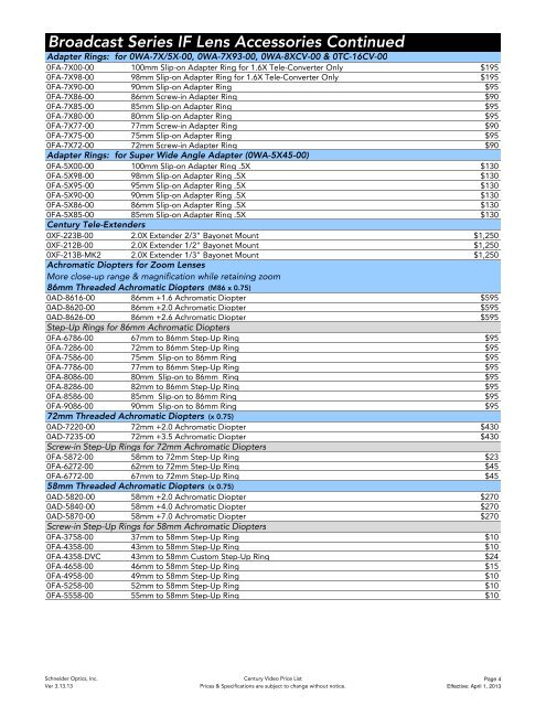 Century Video Price List - Schneider Optics