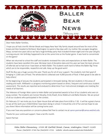 Helen Baller Newsletter, February 2013 - Camas School District