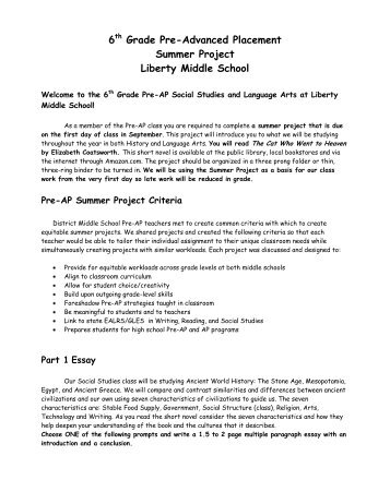 6th Grade Summer Project for Pre-AP Liberty - Camas School District