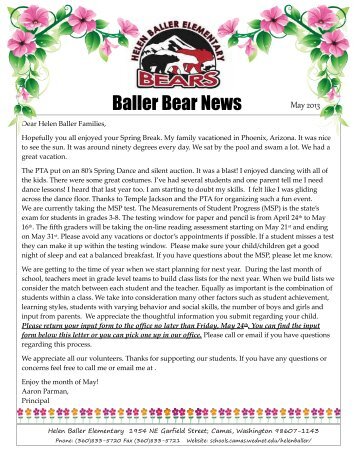 Helen Baller Newsletter, May 2013 - Camas School District