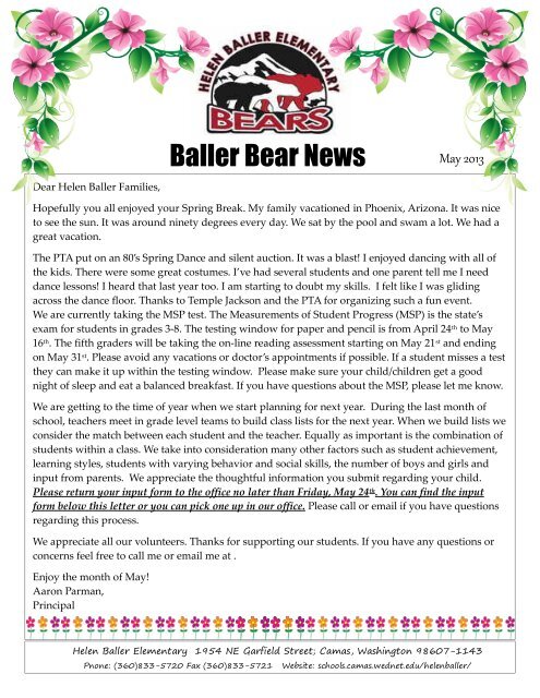 Helen Baller Newsletter, May 2013 - Camas School District