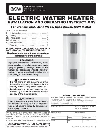 electric water heater installation and operating ... - Scuka Enterprises