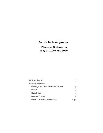 Sensio Technologies Inc. Notes to Financial Statements