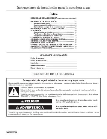 Instrucciones de instalación para la secadora a gas - Whirlpool ...