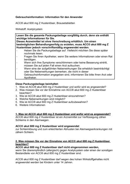 Information für den Anwender ACC® akut 600 mg Z Hustenlöser ...