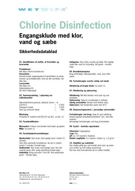 Sikkerhedsdatablad på Wet wipe med klor - Mediq Danmark A/S