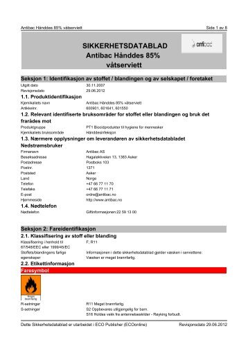 SIKKERHETSDATABLAD Antibac Hånddes 85% våtserviett