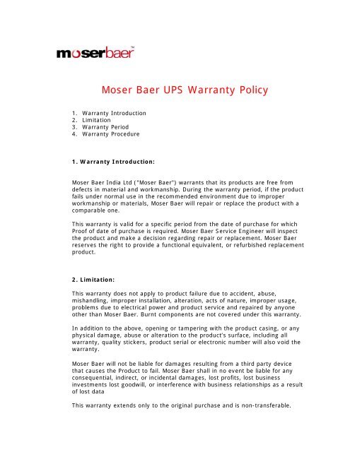 Moser Baer IT Product Warranty Policy