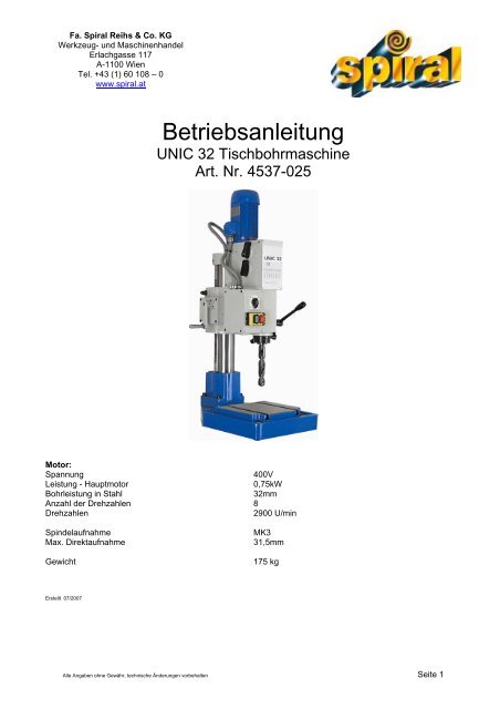 Betriebsanleitung - Spiral.at - Spiral Reihs &amp; Co.