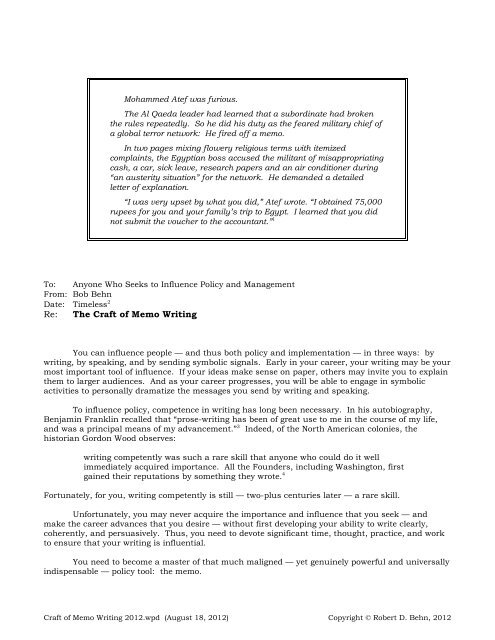 Re The Craft Of Memo Writing Harvard Kennedy School Harvard