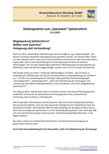 Stellungnahme zum „Sparpaket“ Spitalsreform - Kreuzschwestern ...