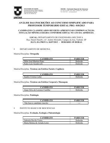 análise das inscrições - edital prg-nº 018/2013 - unitau