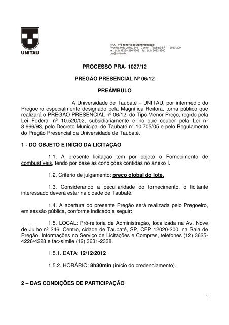PROCESSO PRA- 1027/12 PREGÃO PRESENCIAL Nº 06 ... - unitau