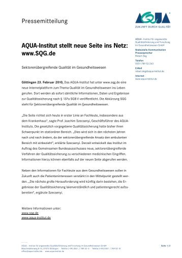 AQUA-Institut stellt neue Seite ins Netz: www.SQG.de
