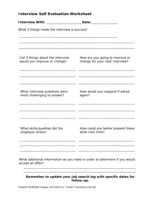 Interview Self Evaluation Worksheet