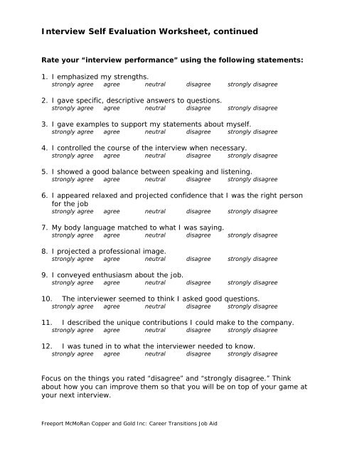 Interview Self Evaluation Worksheet