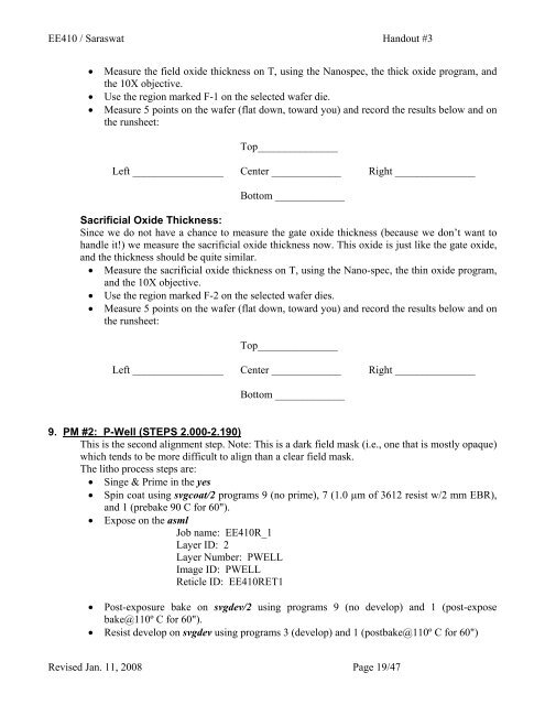 EE 410 / Saraswat Handout #3 - Stanford Nanofabrication Facility