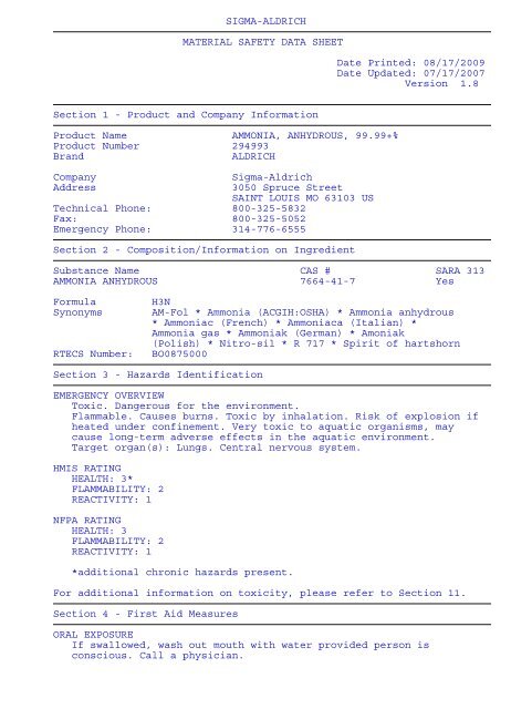 SIGMA-ALDRICH MATERIAL SAFETY DATA SHEET Date Printed: 08/17/2009 ...
