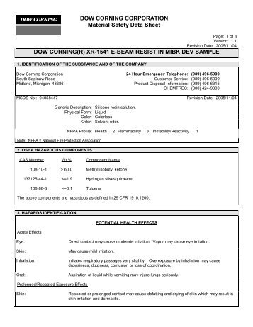 DOW CORNING CORPORATION Material Safety Data Sheet DOW CORNING(R ...