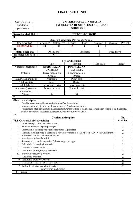 Psihopatologie - Facultatea de Stiinte Socio-Umane, Universitatea ...