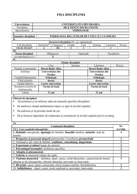 Fisa Disciplinei Facultatea De Stiinte Socio Umane