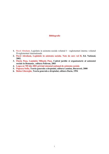 Bibliografie 1. Pavel Abraham, Legislatie in asistenta sociala ...