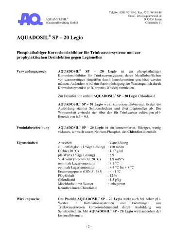 AQUADOSIL SP â 20 Legio - Aquametasil Wasseraufbereitung GmbH