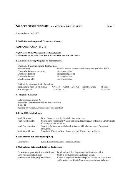 Sicherheitsdatenblatt nach EG-Richtlinie 91/155/EWG