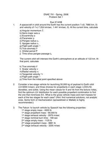 ENAE 791 - Spring, 2008 Problem Set 1 Due 2/14/08 1. A spacecraft ...