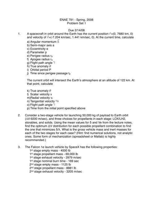 ENAE 791 - Spring, 2008 Problem Set 1 Due 2/14/08 1. A spacecraft ...