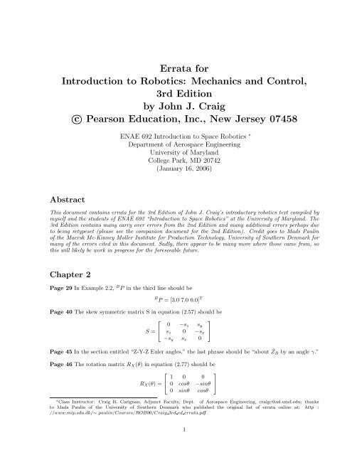 Errata for Introduction to Robotics: Mechanics and Control, 3rd ...