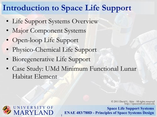 Space Life Support Systems ENAE 483/788D - Principles of Space ...