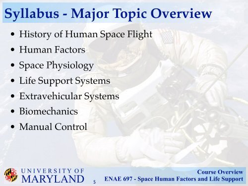 Course Overview ENAE 697 - Space Human Factors and Life Support