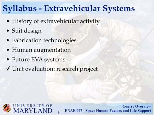Course Overview ENAE 697 - Space Human Factors and Life Support