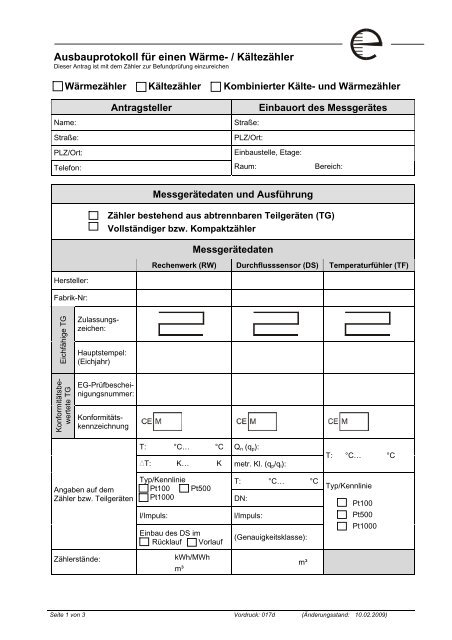 Ausbauprotokoll für einen Wärme- / Kältezähler