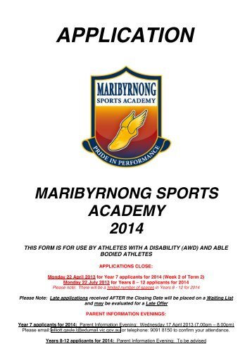 Print the Application form - Maribyrnong Sports Academy ...
