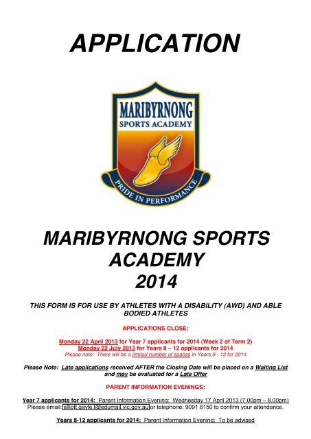 Print The Application Form Maribyrnong Sports Academy