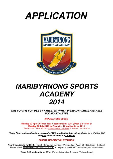 Print the Application form - Maribyrnong Sports Academy ...