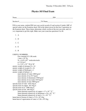 Physics 103 Final Exam