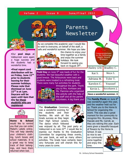 Parents Newsletter - St. Anthony Elementary School