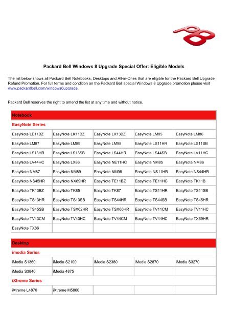 Packard Bell Windows 8 Upgrade Special Offer: Eligible Models